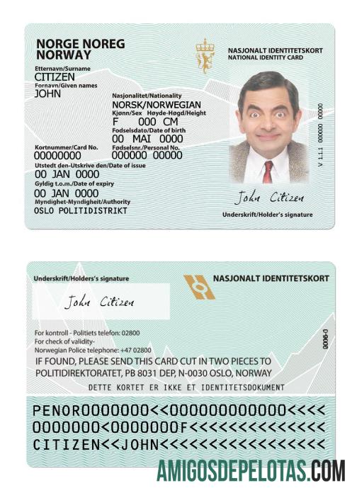 Exemplo de cartão de identificação da Noruega versão 2